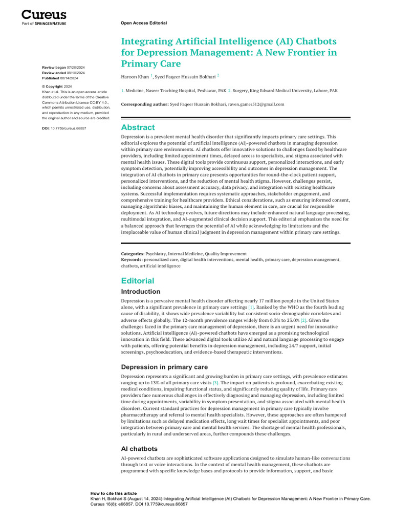 Integrating Artificial Intelligence AI Chatbots Fo | PDF | Mental ...