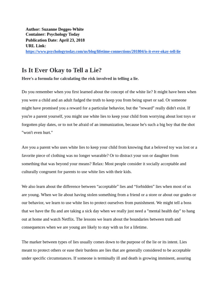Article #1 - Is It Ever Okay To Tell A Lie | PDF