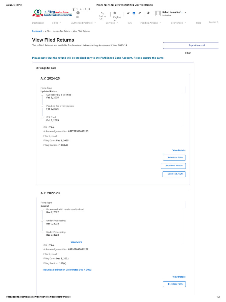 Income Tax Portal, Government of India View Filed Returns | PDF | Software