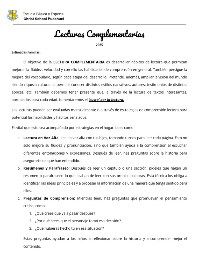 Plan de Lectura 2025 Christ School | PDF | Comprensión lectora ...