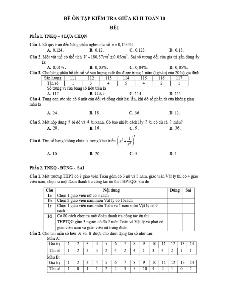 De On So 1 - Toan 10 | PDF