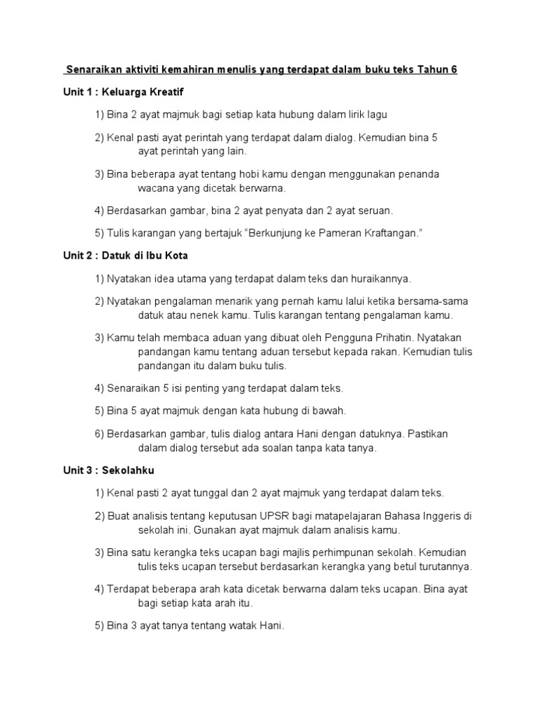 Senaraikan Aktiviti Kemahiran Menulis Yang Terdapat Dalam Buku Teks Tahun 6 Pdf