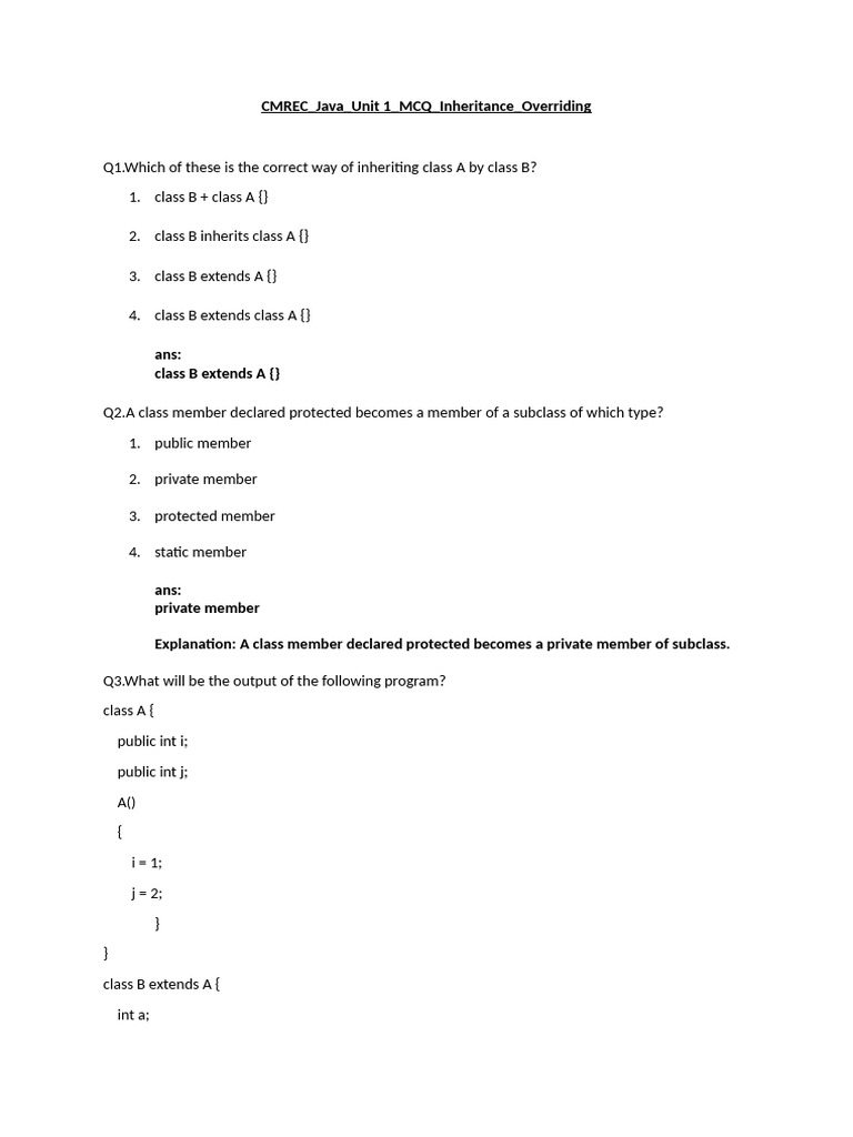 Java Inheritance and Overriding MCQs | PDF | Class (Computer ...