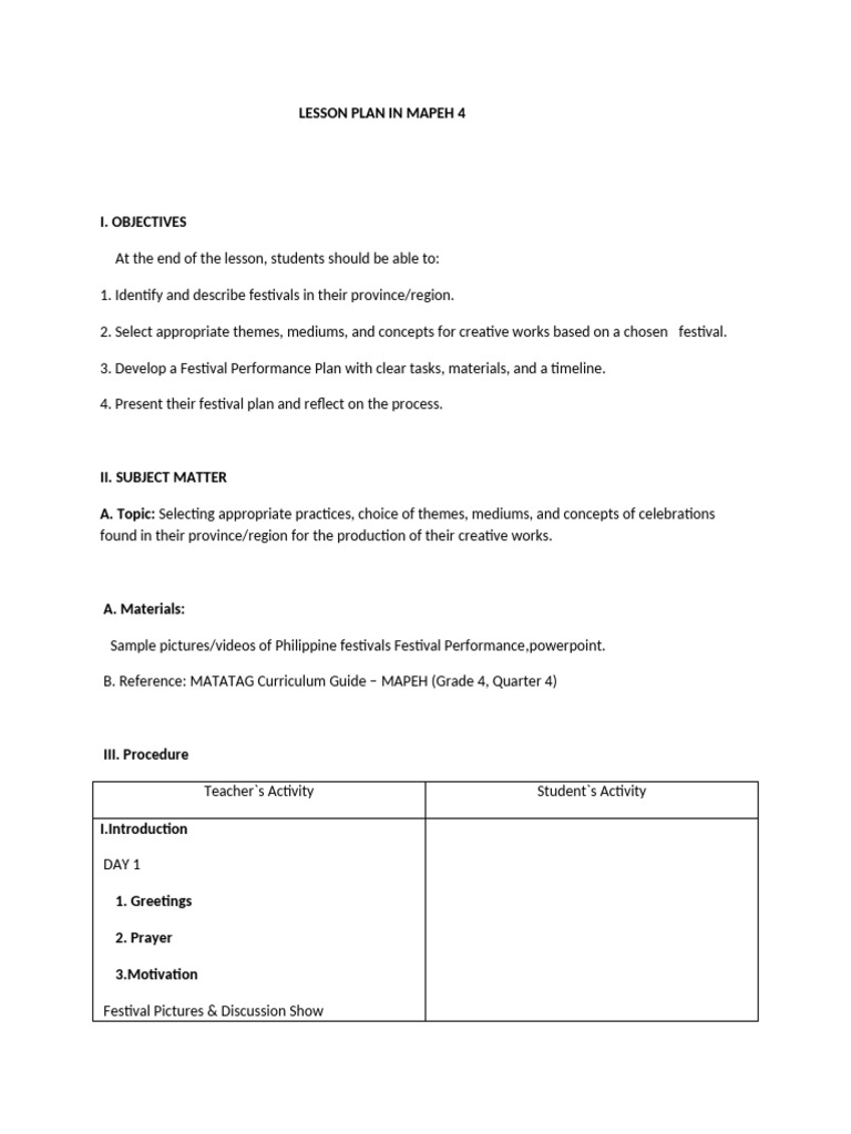 Festival Performance Plan for Grade 4 | PDF | Teachers | Lesson Plan