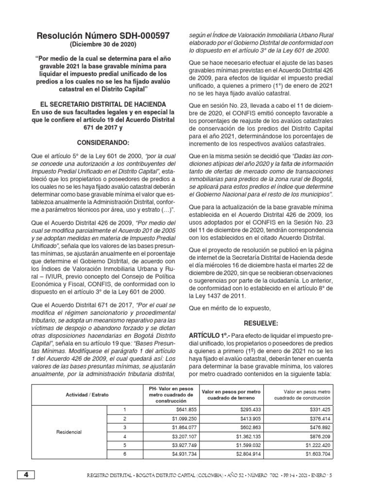 Base Gravable Mínima Impuesto Predial 2021 | PDF | Bogotá