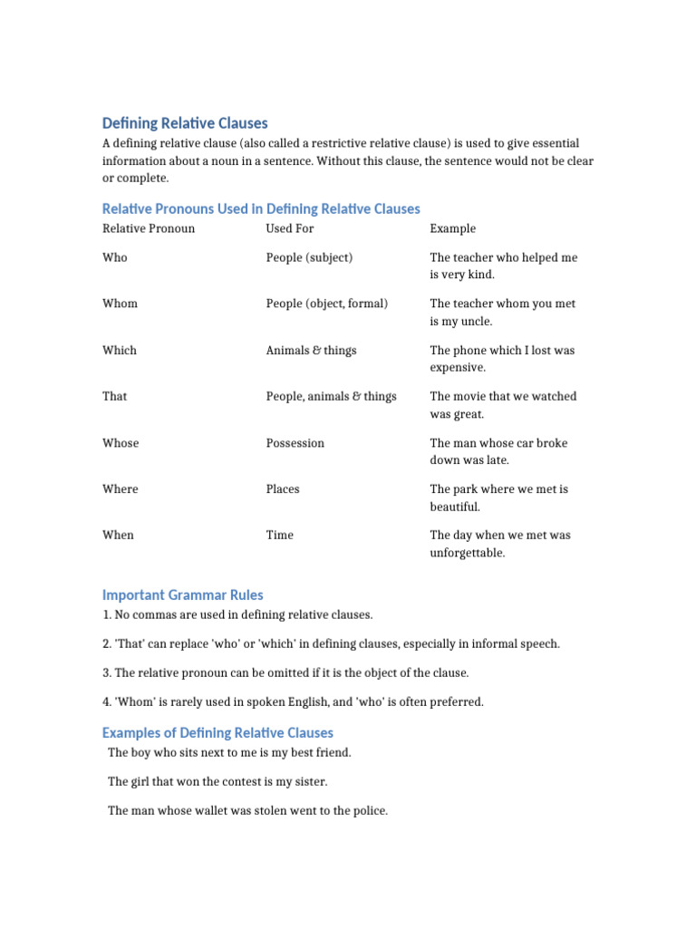 Understanding Defining Relative Clauses | PDF | Pronoun | Linguistic ...