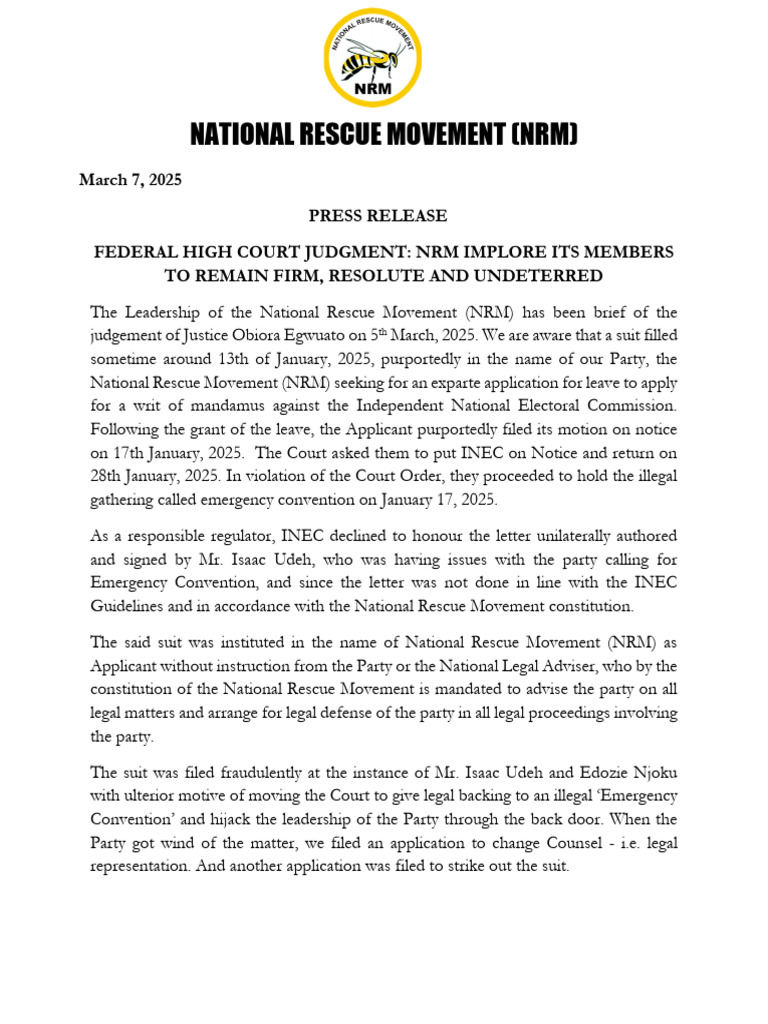 NRM Urges Members to Stay Resolute After Court Ruling | PDF | Lawsuit ...