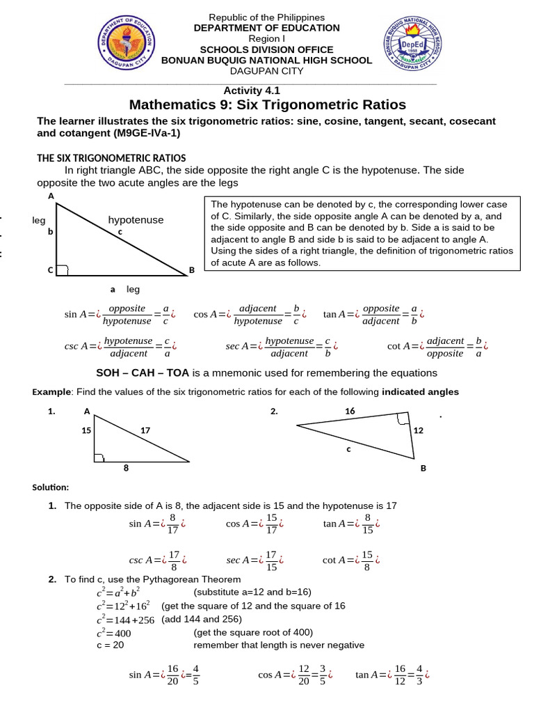 Trigonometric Ratios Activity Guide | PDF | Trigonometric Functions ...