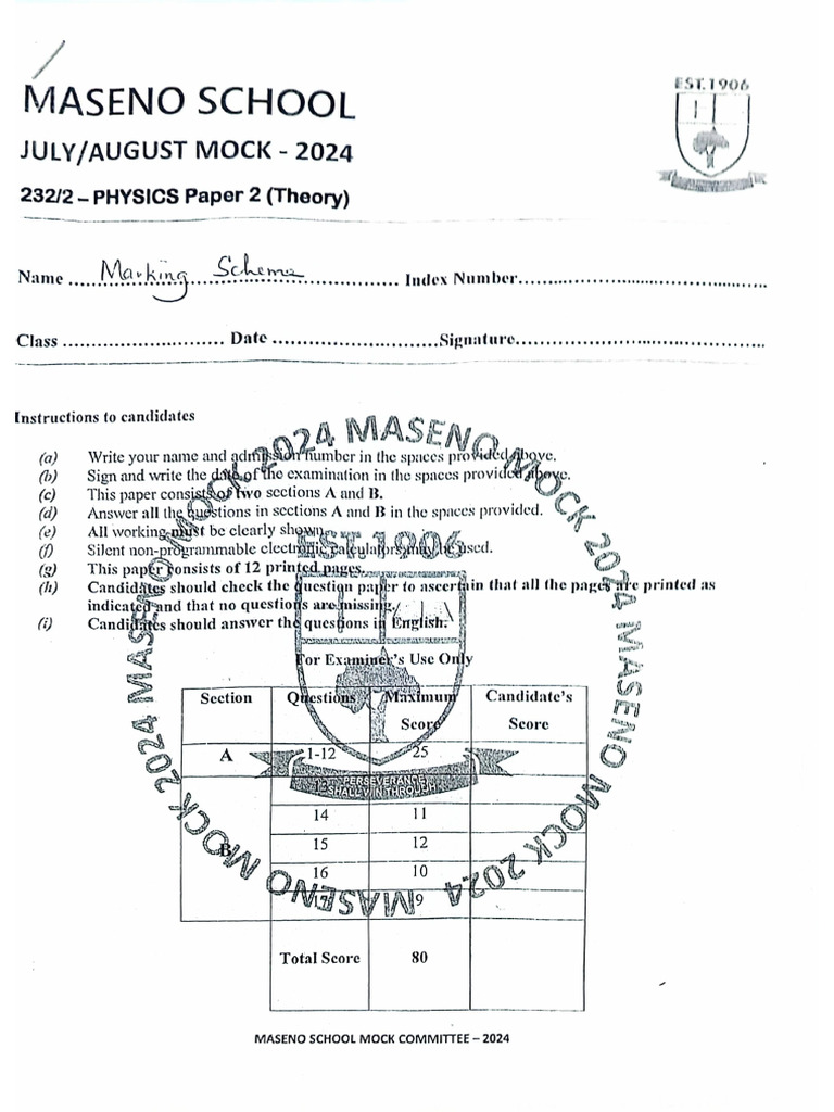 Physics pp2 Mock 2024 Marking Scheme | PDF
