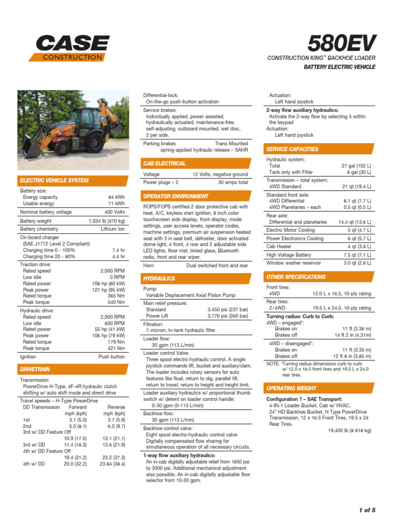 580EV Spec Sheet | PDF | Loader (Equipment) | Four Wheel Drive