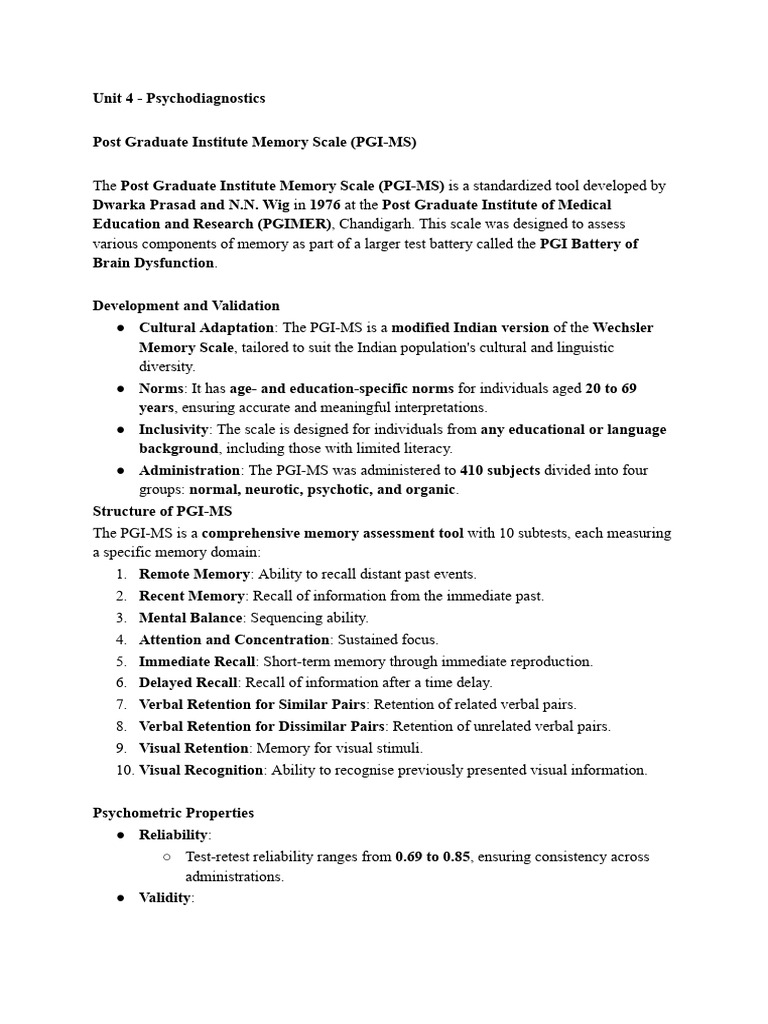PGI Memory Scale Overview | PDF | Neuropsychology | Memory