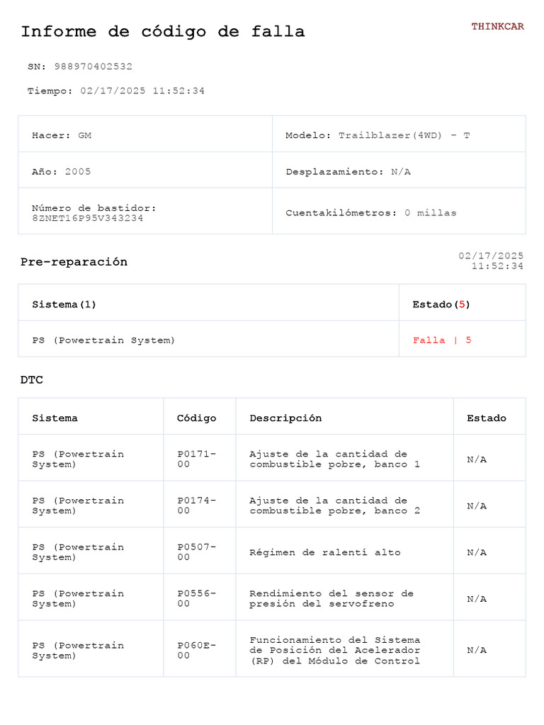 GM Pre-Reparación 8ZNET16P95V343234 Informe de Código de Falla ...