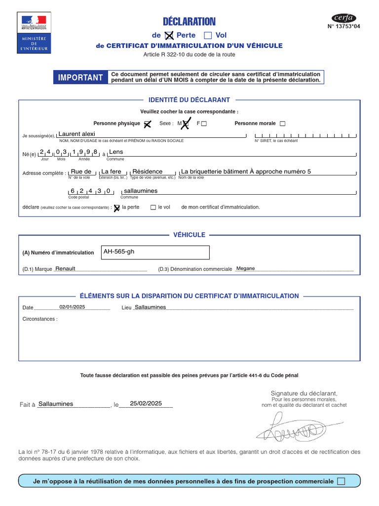 Déclaration de perte ou vol de certificat | PDF