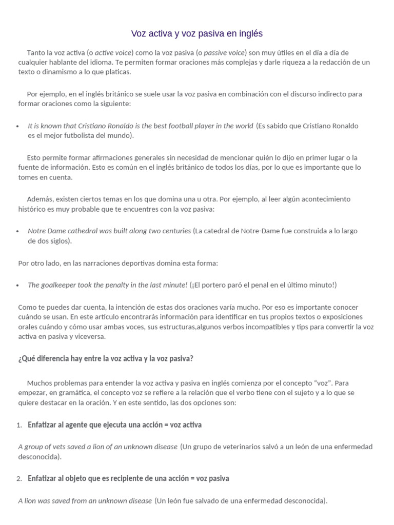Voz activa y pasiva en inglés: guía práctica | PDF | Verbo | Objeto ...