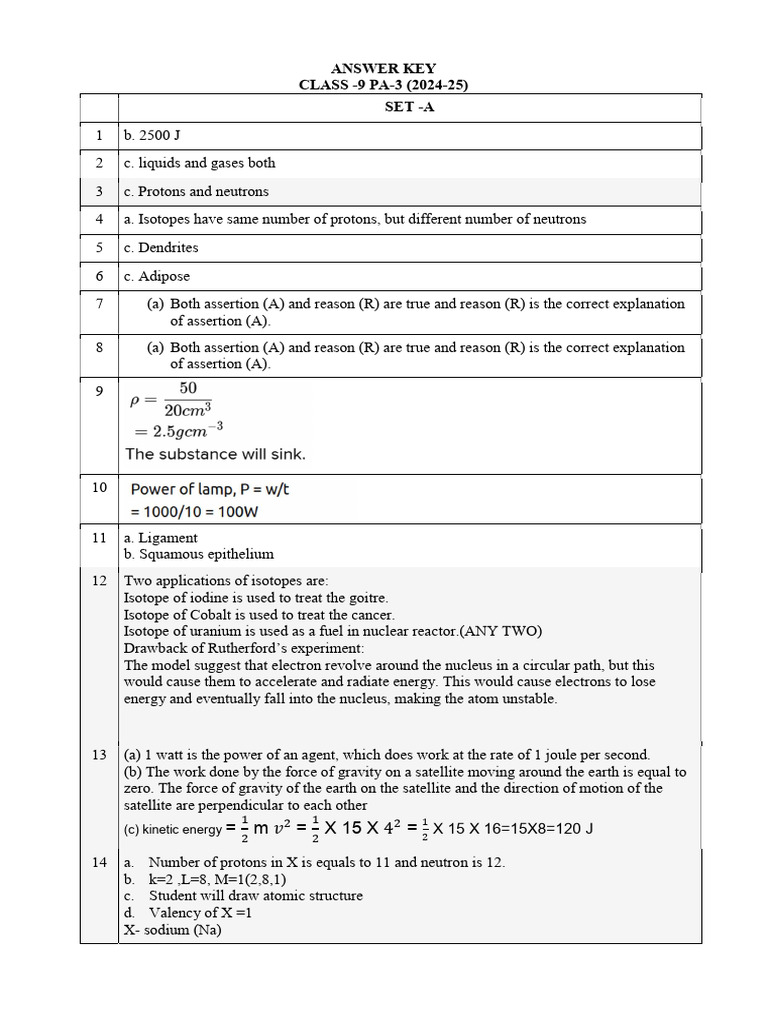 9 Science Set A Answer Key | PDF