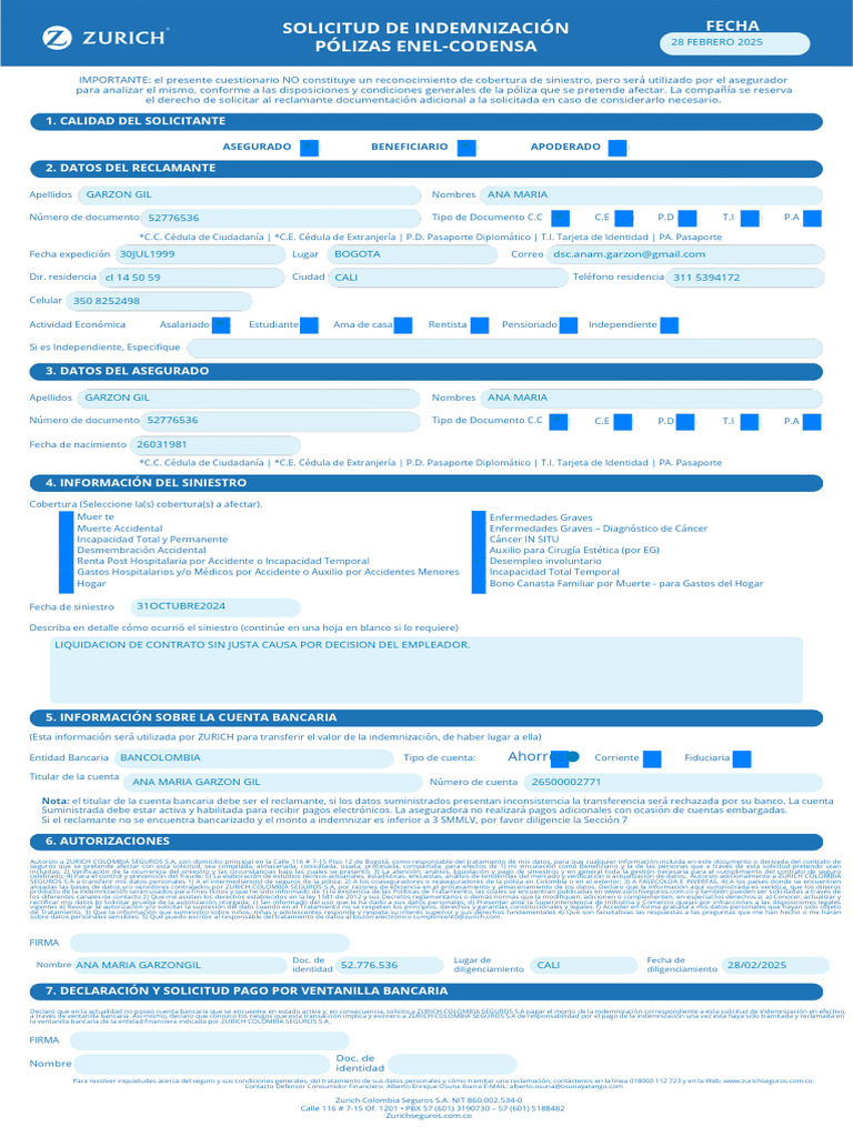 Solicitud de Indemnización Zurich 2025 | PDF | Póliza de seguros ...