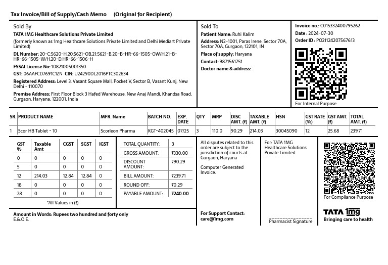Scor HB Invoice for Ruhi Kalim | PDF | Economies | Economy Of India