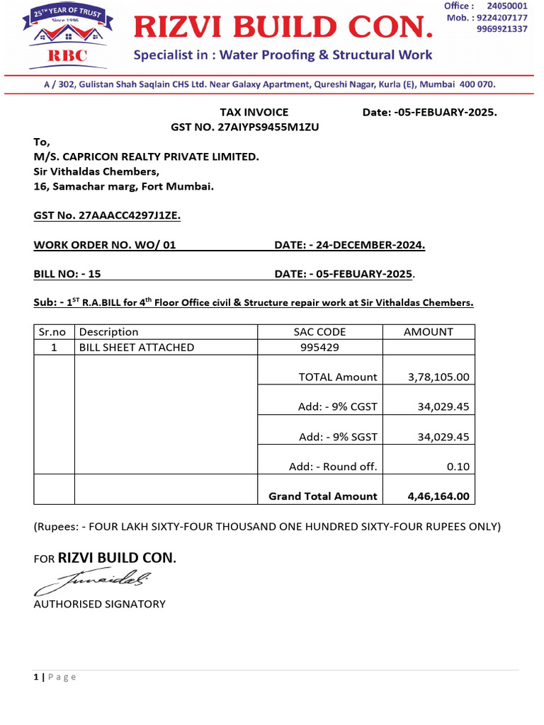 TAX INVOICE 1ST R.a.bill For 4th Floor Office Civil & Structure Repair ...
