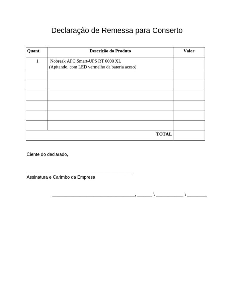 Declaração de Remessa para Conserto | PDF