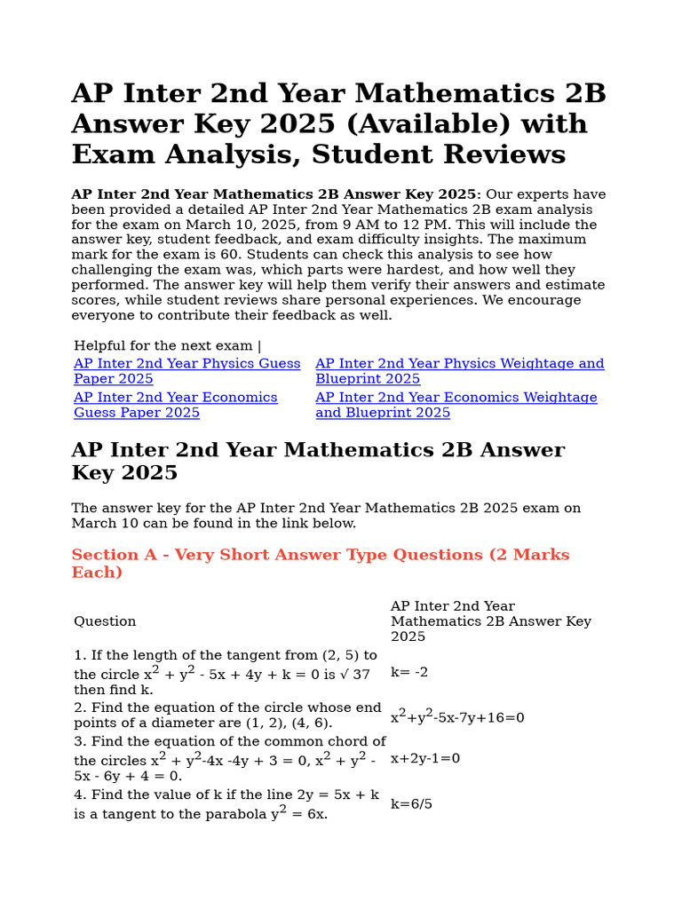 AP Inter 2nd Year Math 2B Exam Insights | PDF | Mathematics | Analytic ...