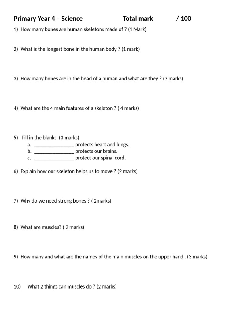 Year 4 Science Skeleton and Matter Quiz | PDF | Light | Reflection ...