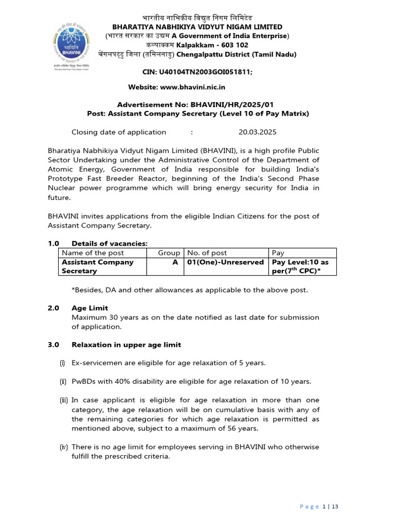 BHAVINI Assistant Company Secretary Notice 2025 | PDF