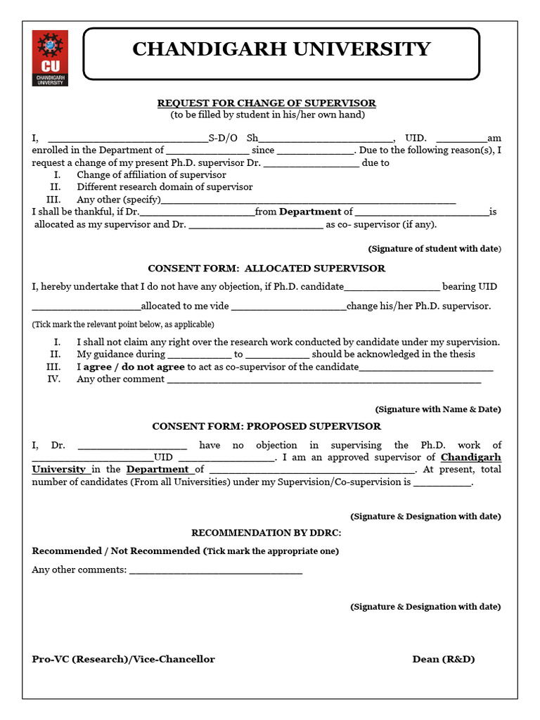 PhD Supervisor Change Request Form | PDF | Doctor Of Philosophy | Academia