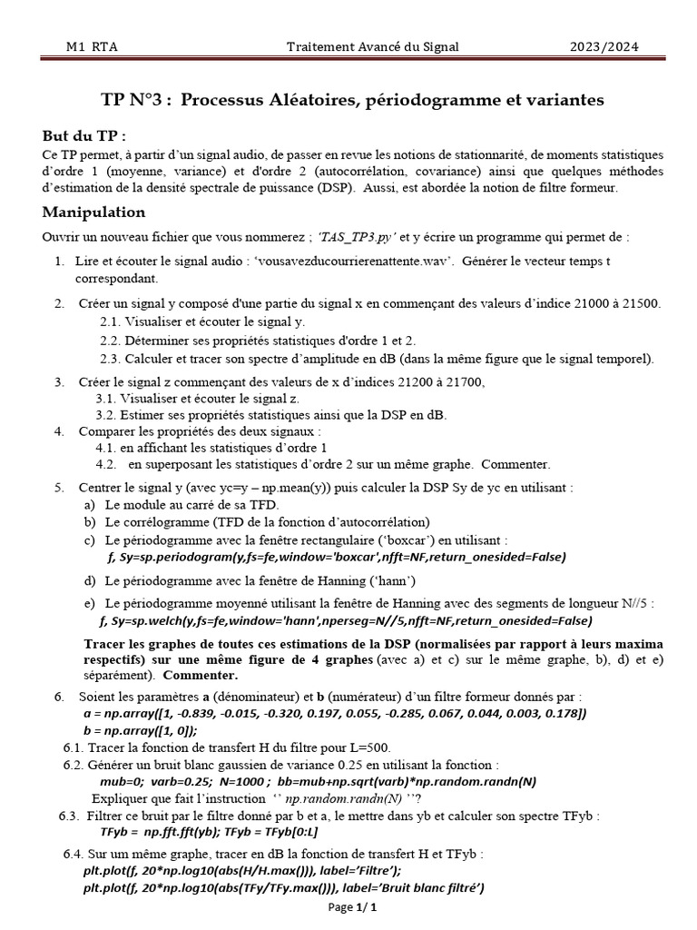 Périodogramme et DSP en Traitement du Signal | PDF | Autocorrélation ...