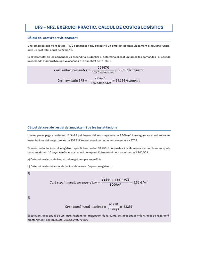 5842 20240427 Exercici UF3 NF2 Acitivitats Costos Logistics | PDF