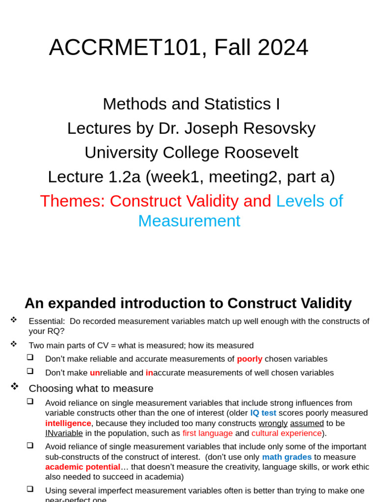 Lect W1m2a s101jsr f24 | PDF | Validity (Statistics) | Measurement