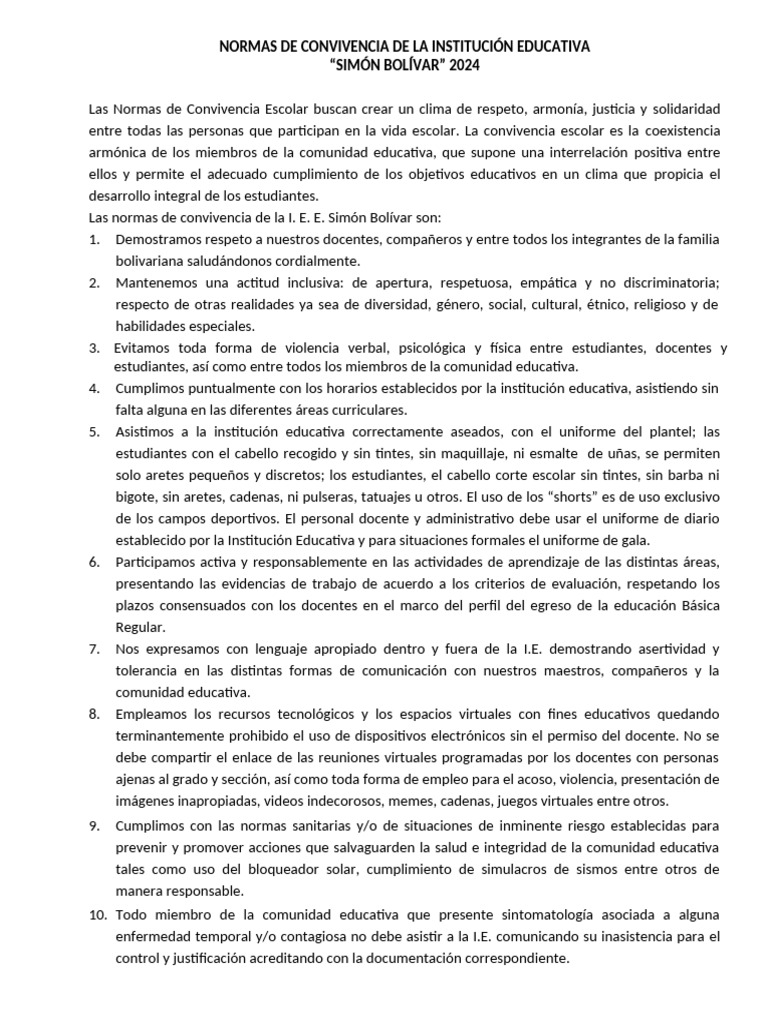 Normas de Convivencia I.E. Simón Bolívar 2024 | PDF | Maestros | Violencia