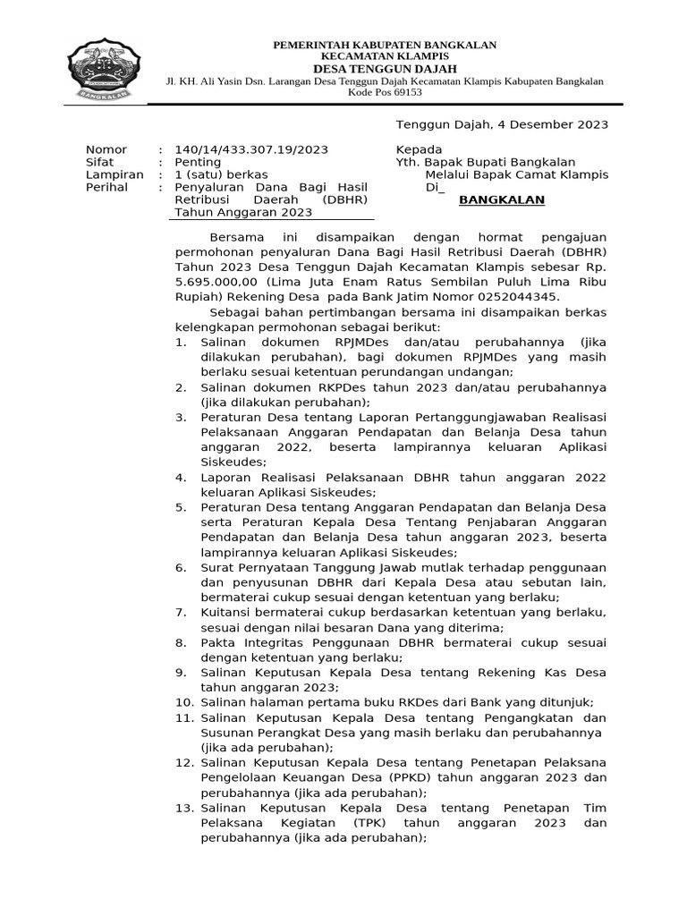 Pengajuan DBHR Desa Tenggun Dajah 2023 | PDF