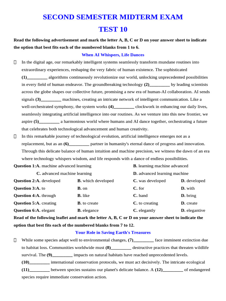 Second Semester Midterm Exam GRADE 12 Test 10 | PDF | Conservation ...