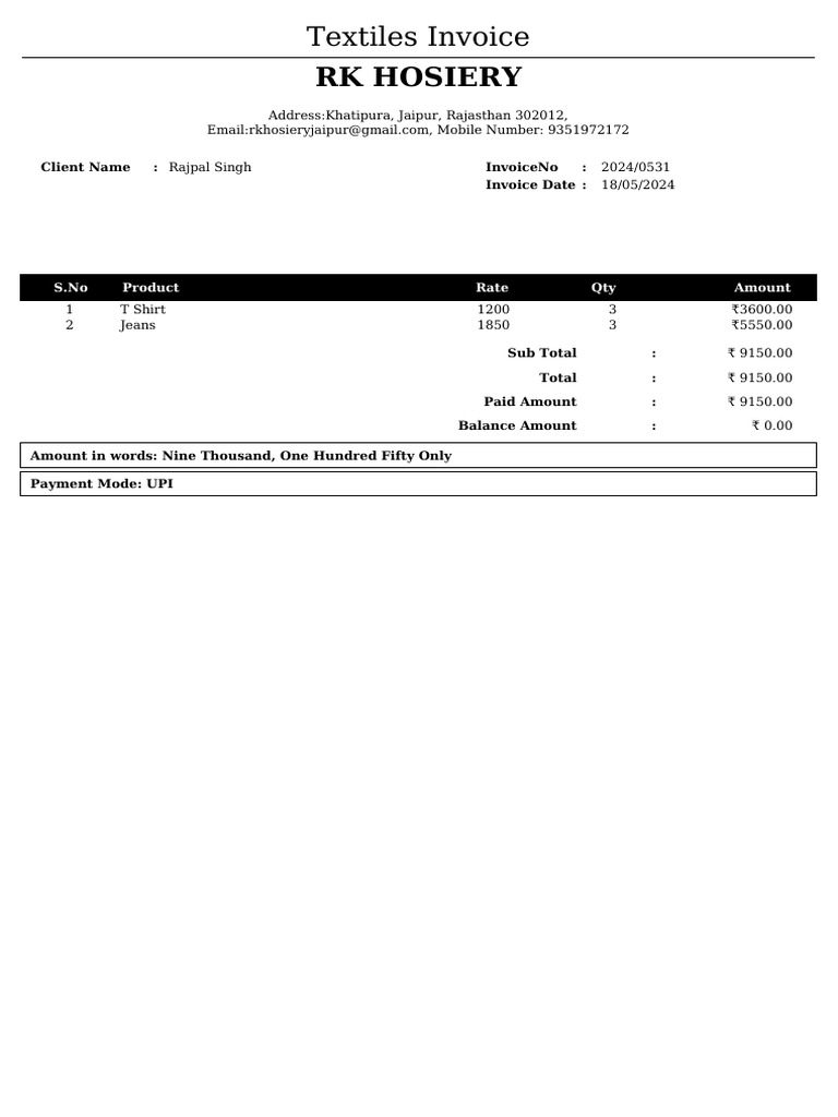 Textiles Invoice for Rajpal Singh | PDF