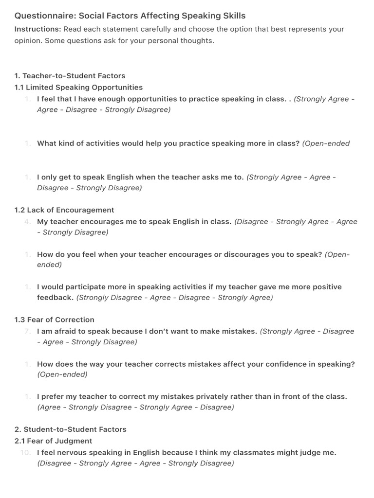 Questionnaire Social Factors Affecting Speaking Skills | PDF | English ...