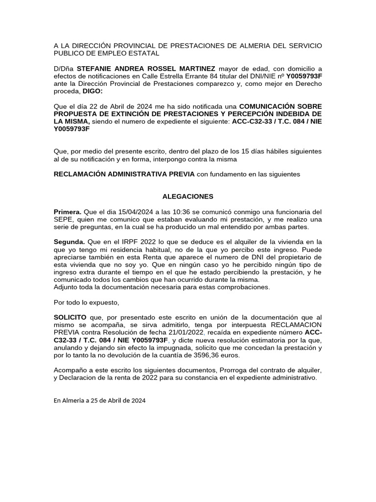 Modelo De Reclamaci n Previas SEPE PDF