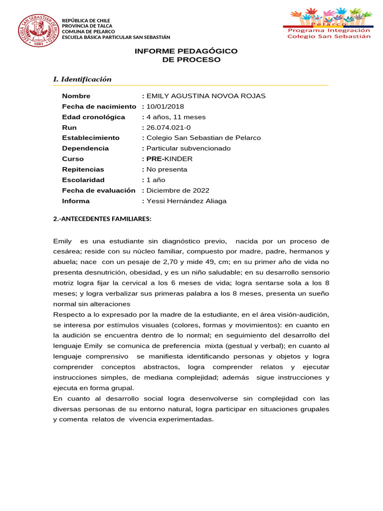 Informe Pedagógico de Emily Novoa | PDF