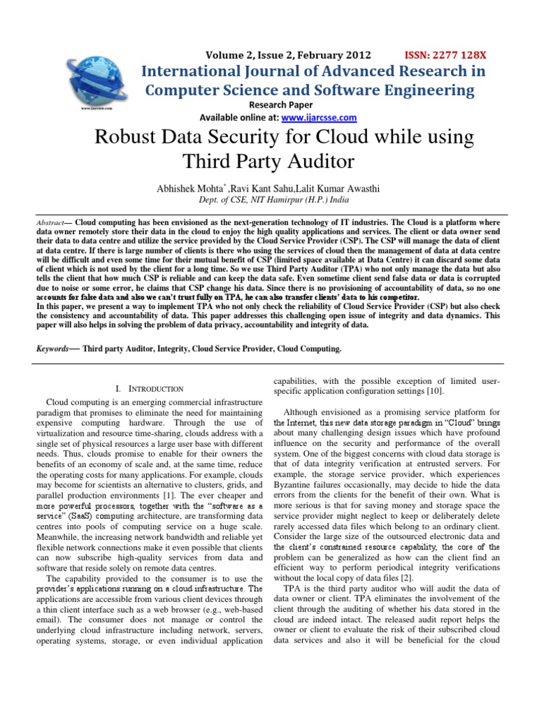 Robust Data Security For Cloud While Using Third Party Auditor | PDF ...