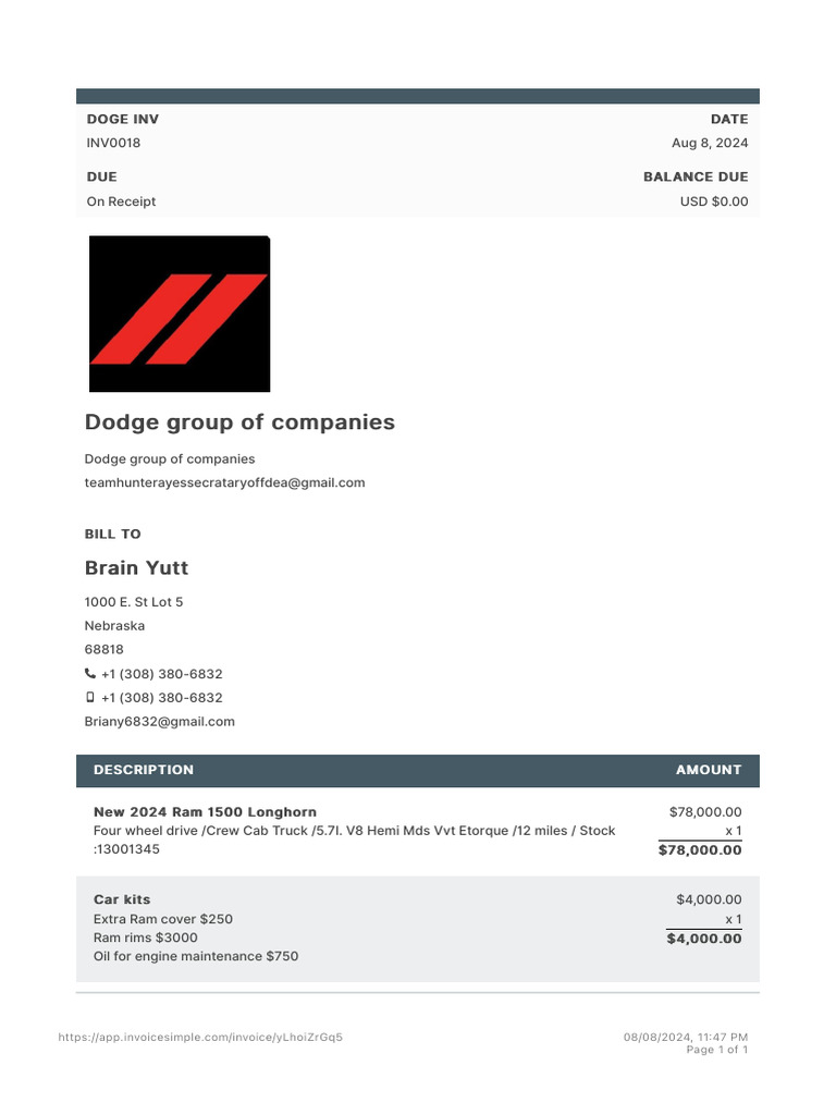 Invoice for Dodge Ram Purchase | PDF