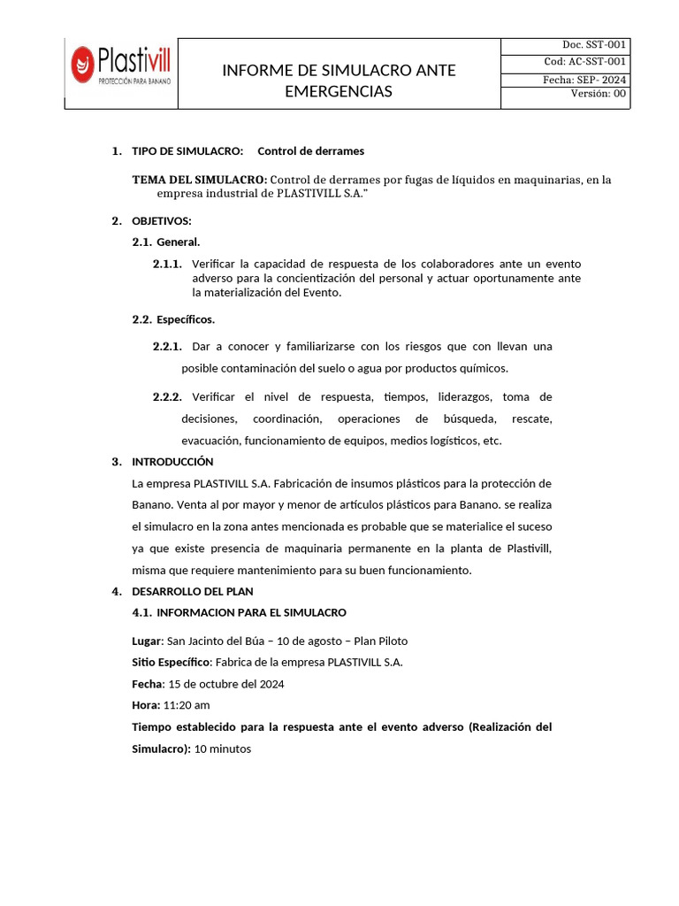 Simulacro de Control de Derrames en Plastivill | PDF