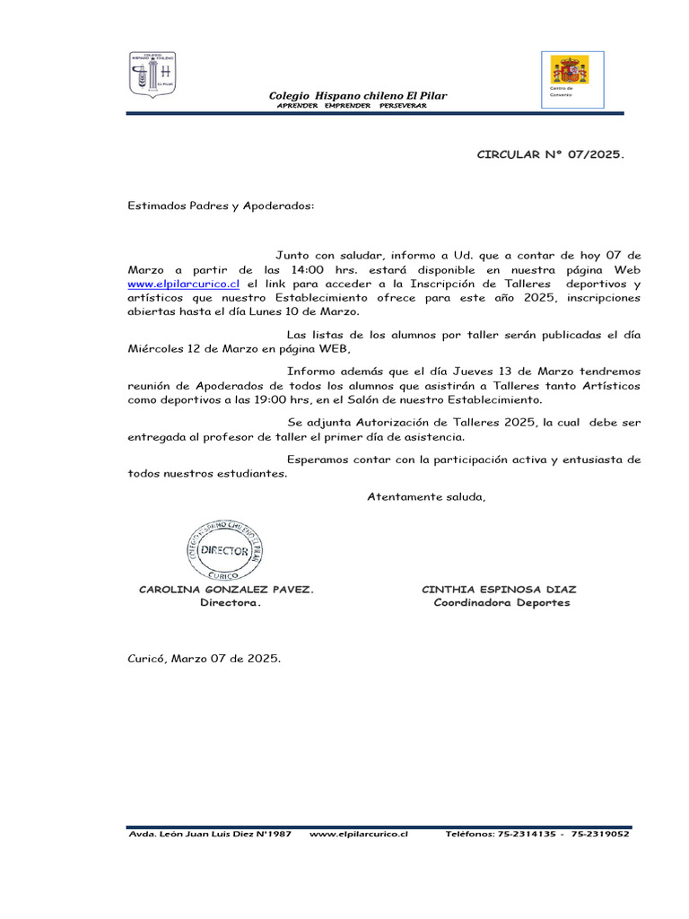 Inscripción Talleres 2025 - Circular 07 | PDF