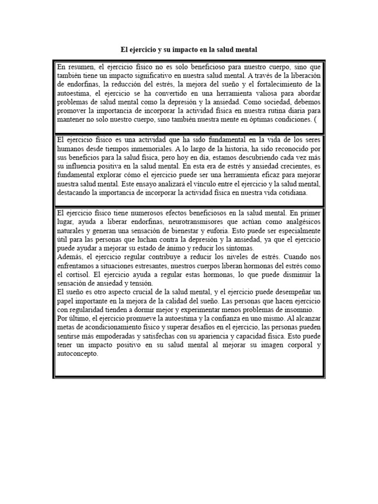 RD1, El Ejercicio y Su Impacto en La Salud Mental | PDF | Salud mental ...