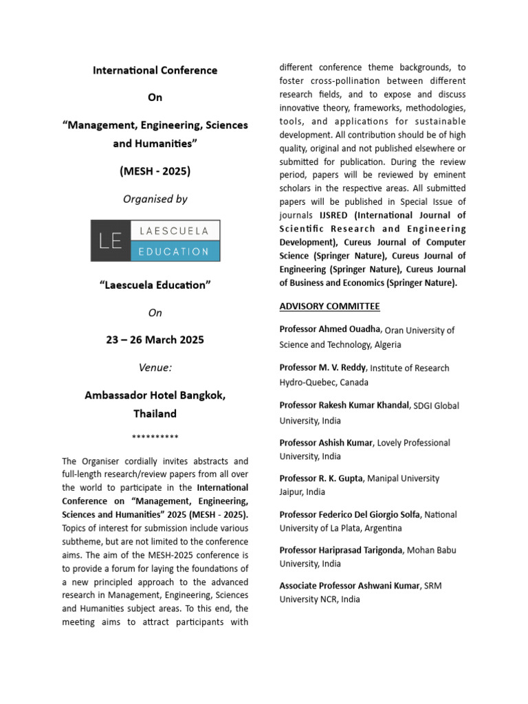 MESH 2025 Conference Call for Papers | PDF | Engineering | Science