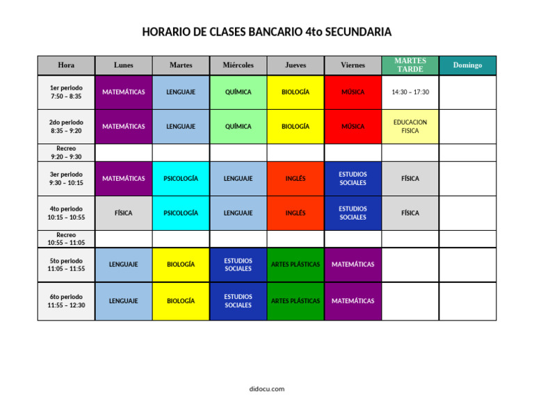 Horario Clases 4to Secundaria 2025 | PDF