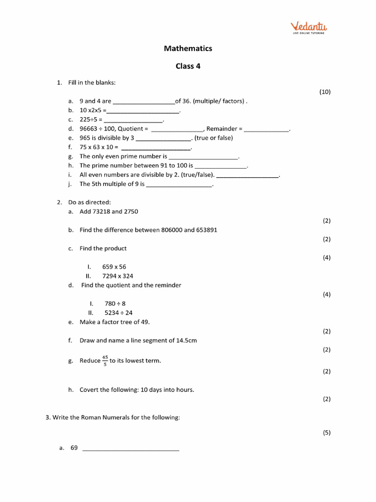 Cbse Sample Papers For Class 4 M | PDF