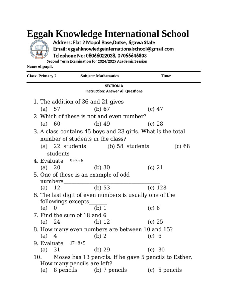 Primary 2 Mathematics Exam 2024/2025 | PDF