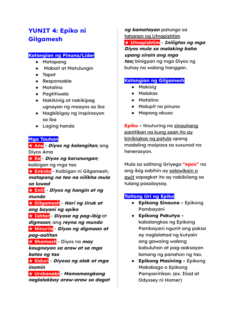 FIL 10 - YUNIT 4 - Epiko Ni Gilgamesh | PDF