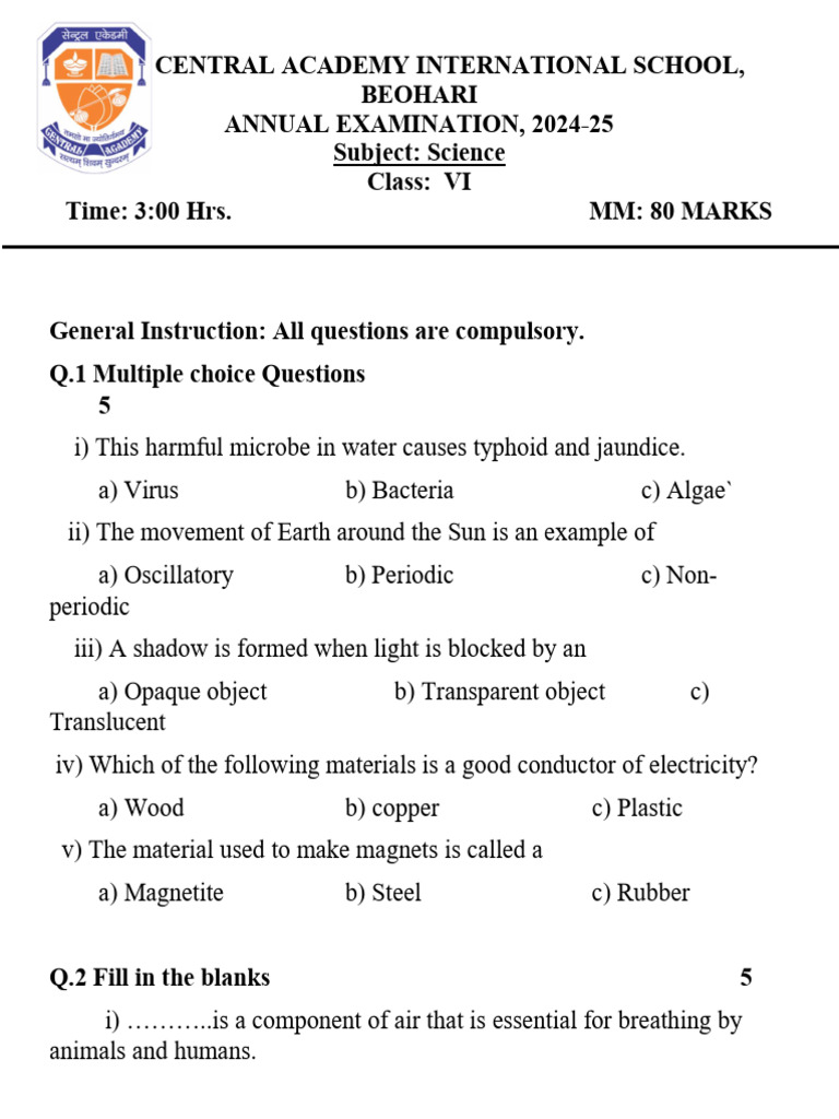VI Science 2024 25 Booklet | PDF | Gases | Water
