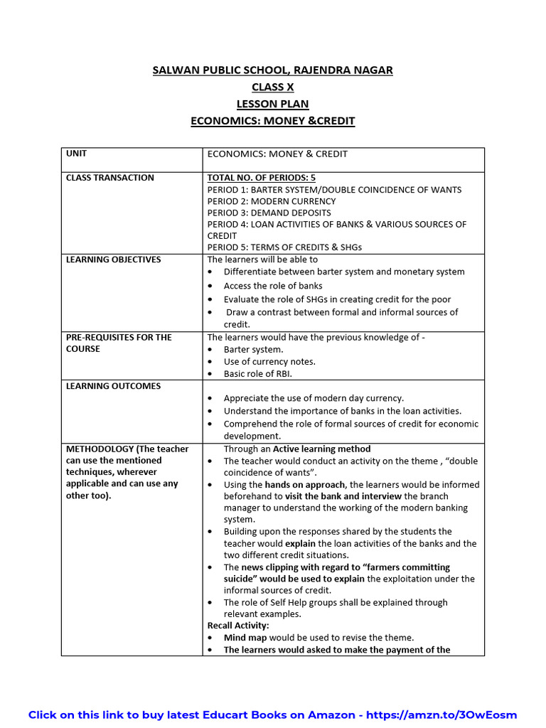 Class 10 Economics: Money & Credit Plan | PDF | Learning | Money