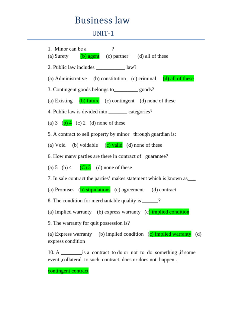 Business Law Concepts for FYBMS Sem 1 | PDF | Guarantee | Civil Law ...